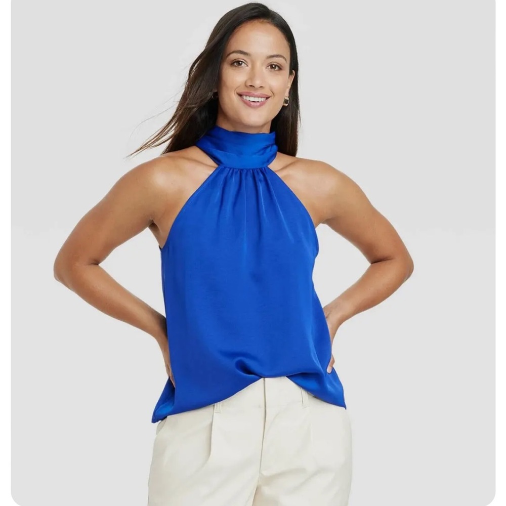 A New Day Satin Royal Blue Halter Tie Back Blouse Top Tank NWT